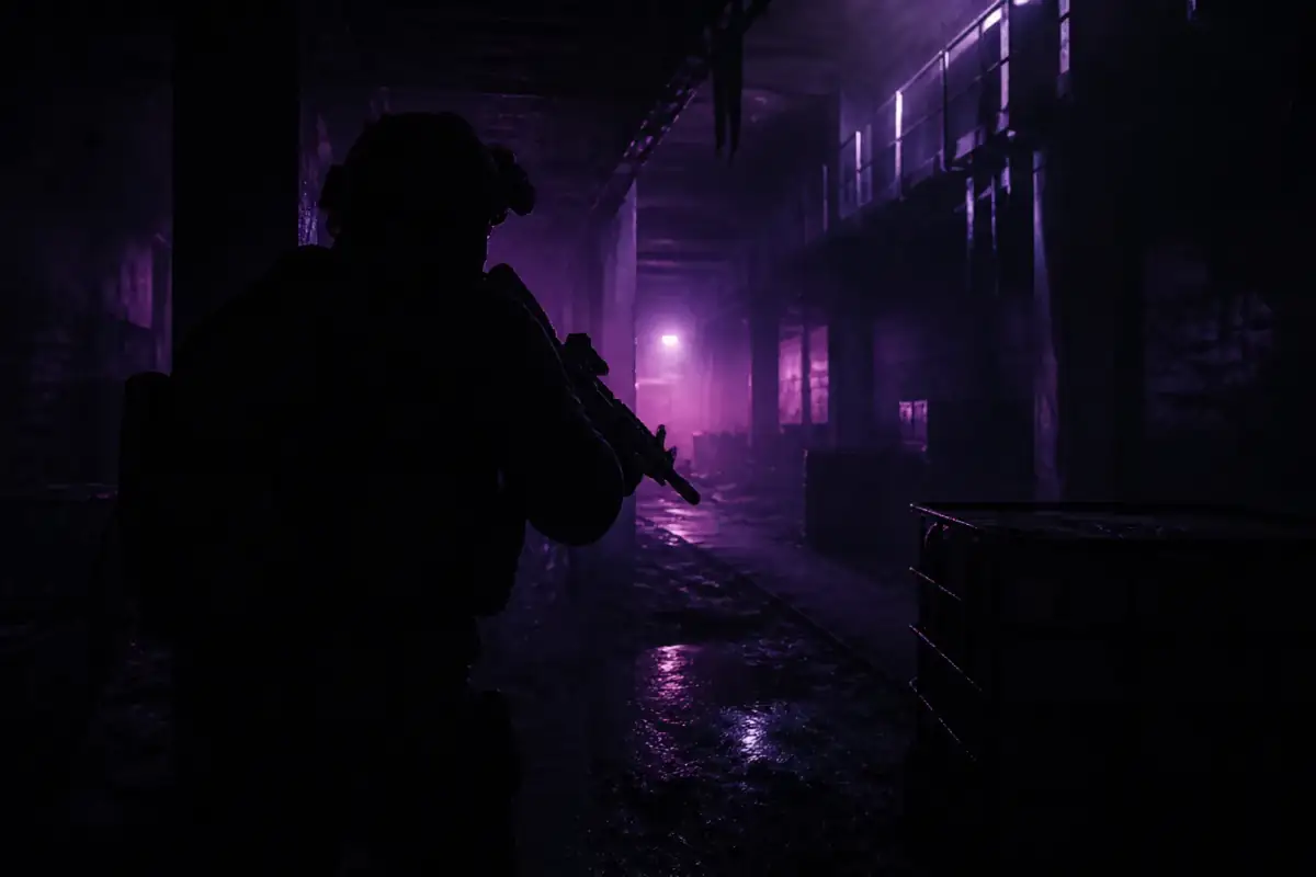 Escape from Tarkov cheats hero operator in a purple-lit corridor